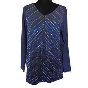 NWT Bob Mackie Blue Sequin Long‎ Sleeve Top Blouse Size Small
